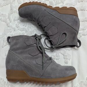 🥾 Sorel Evie Lace Waterproof Gray Suede Wedge Boots Women’s 8.5